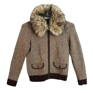 NWT Lauren Ralph Lauren M Houndstooth Faux Collar Full Zip Wool Sweater Brown
